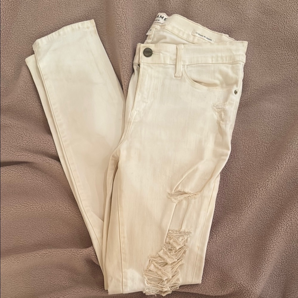 Frame Denim Cream Skinny Distressed Jeans